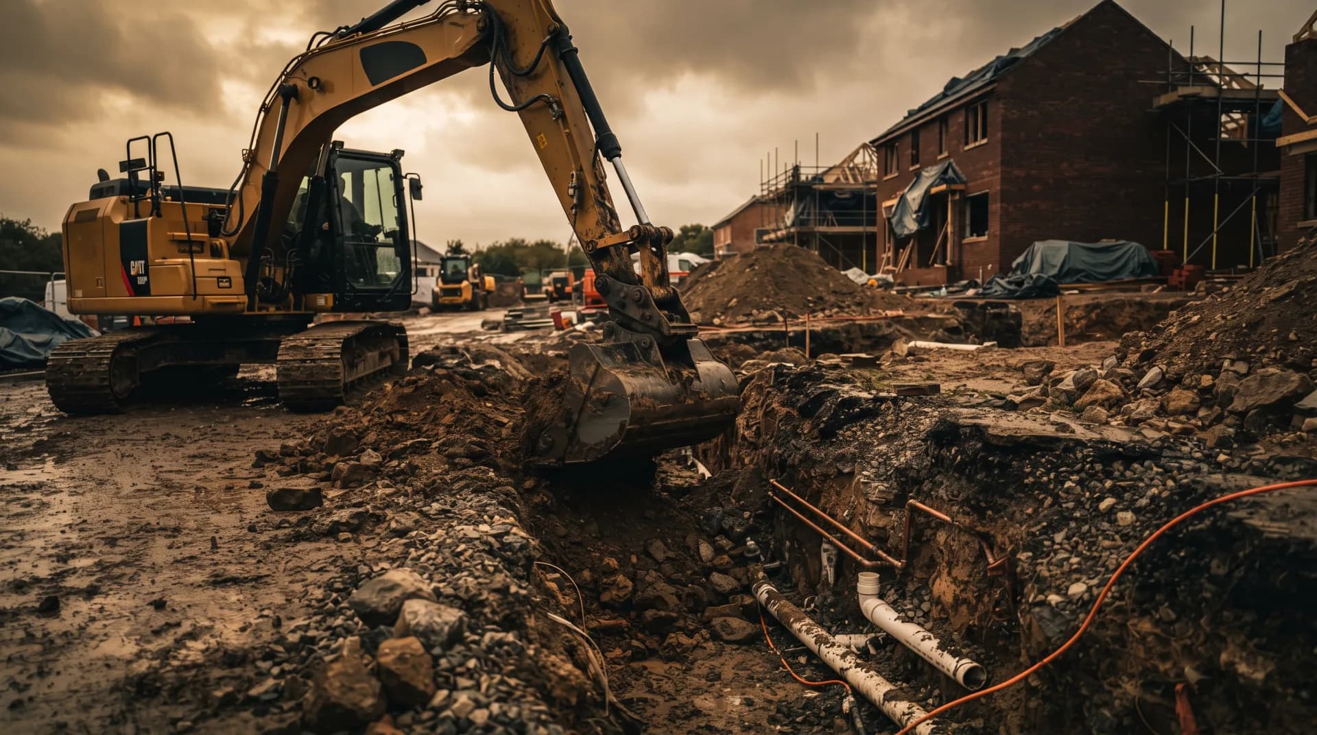 Excavator digging a trench that exposes buried white drain pipes and copper water lines on a building site